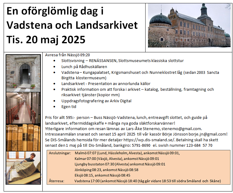 Annons Resa till Vadstena 20 maj 2025